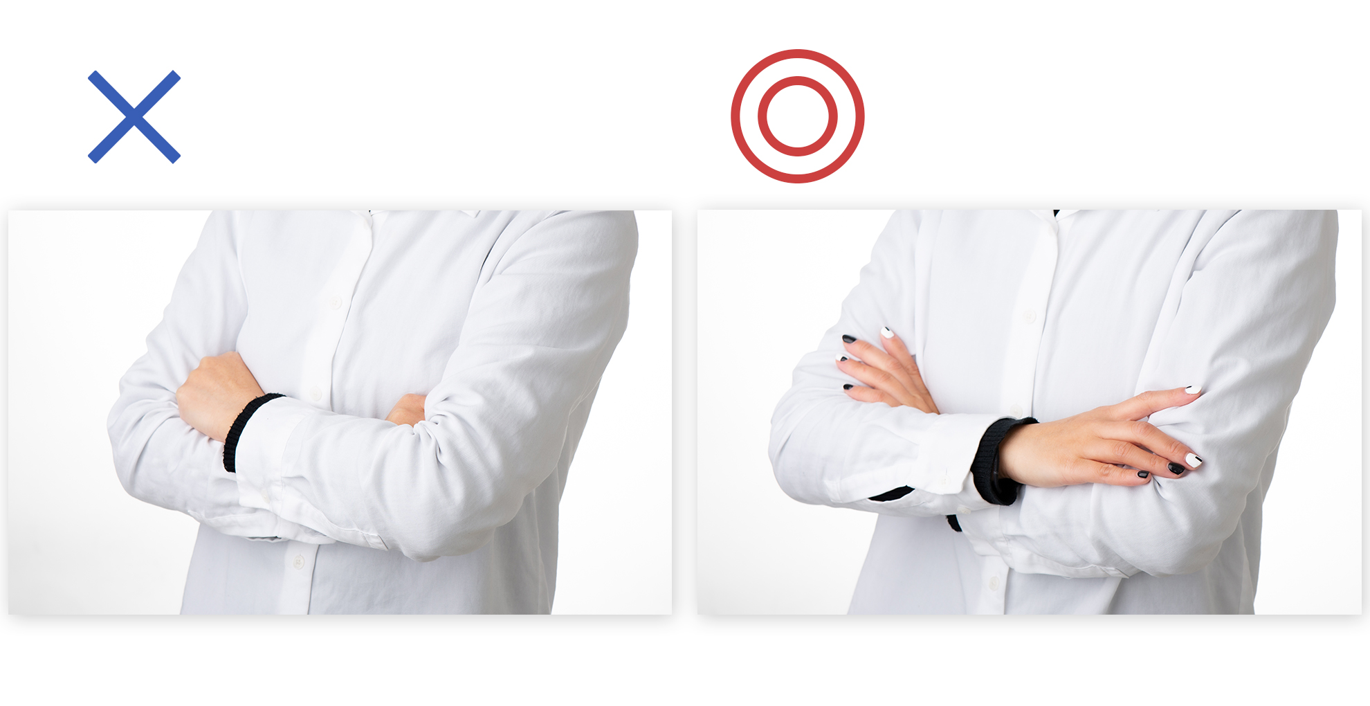 腕組みポーズ（左NG-指を中に入れ込む/右OK-指を出して腕に沿わせる）2パターン