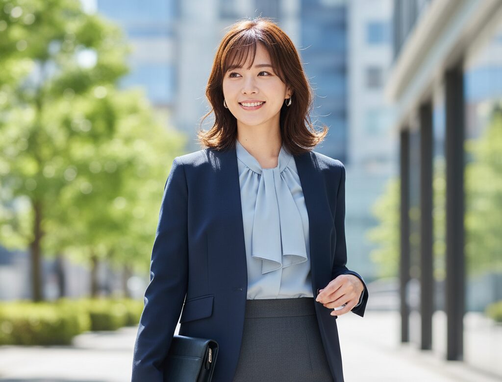 ライトブルーのブラウスとネイビーのジャケットを着用した女性