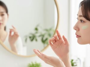 色補正下地を塗る女性