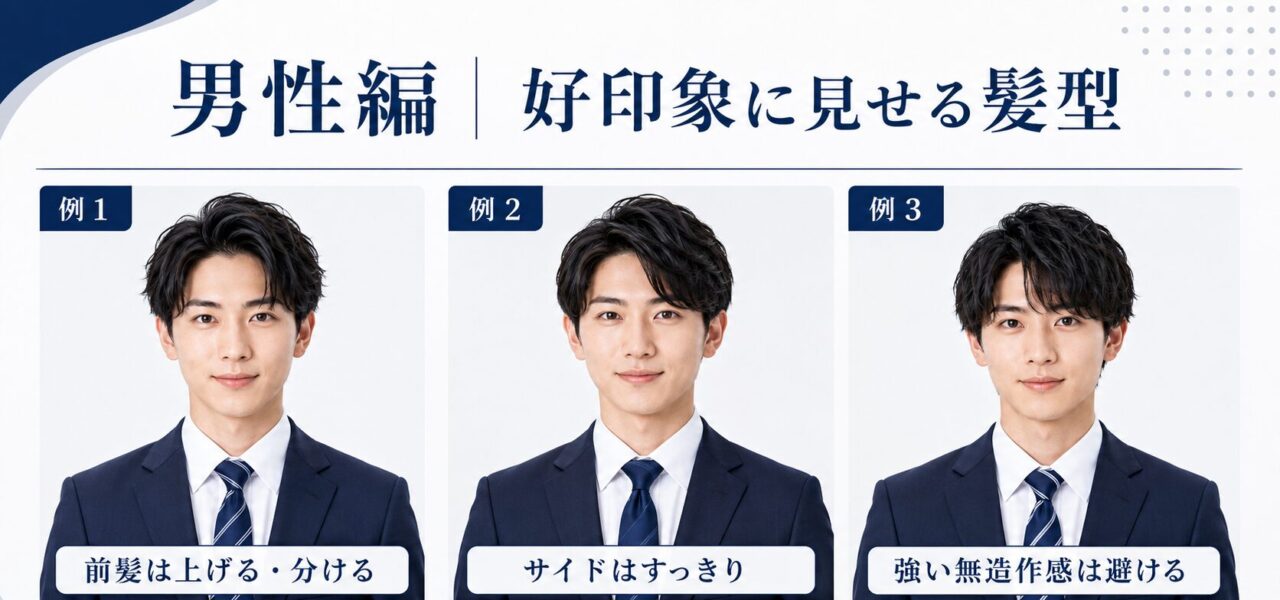 就活証明写真で男性が好印象に見せるための前髪、サイド、無造作感を整えた髪型例のイメージ