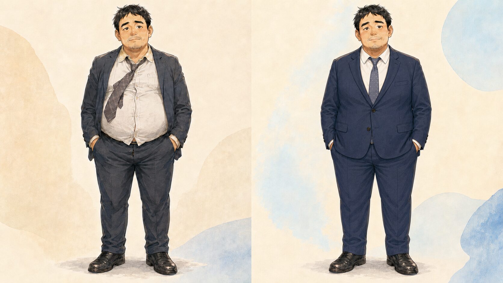 サイズアウトしたスーツ姿と、体型に合った清潔なスーツ姿を比較した婚活準備のイラスト