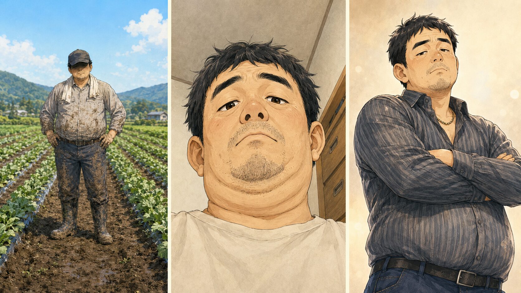 作業着で顔が見えない写真、下から撮った自撮り、腕組みをしたキメ顔を並べた婚活プロフィール写真のNG例イラスト
