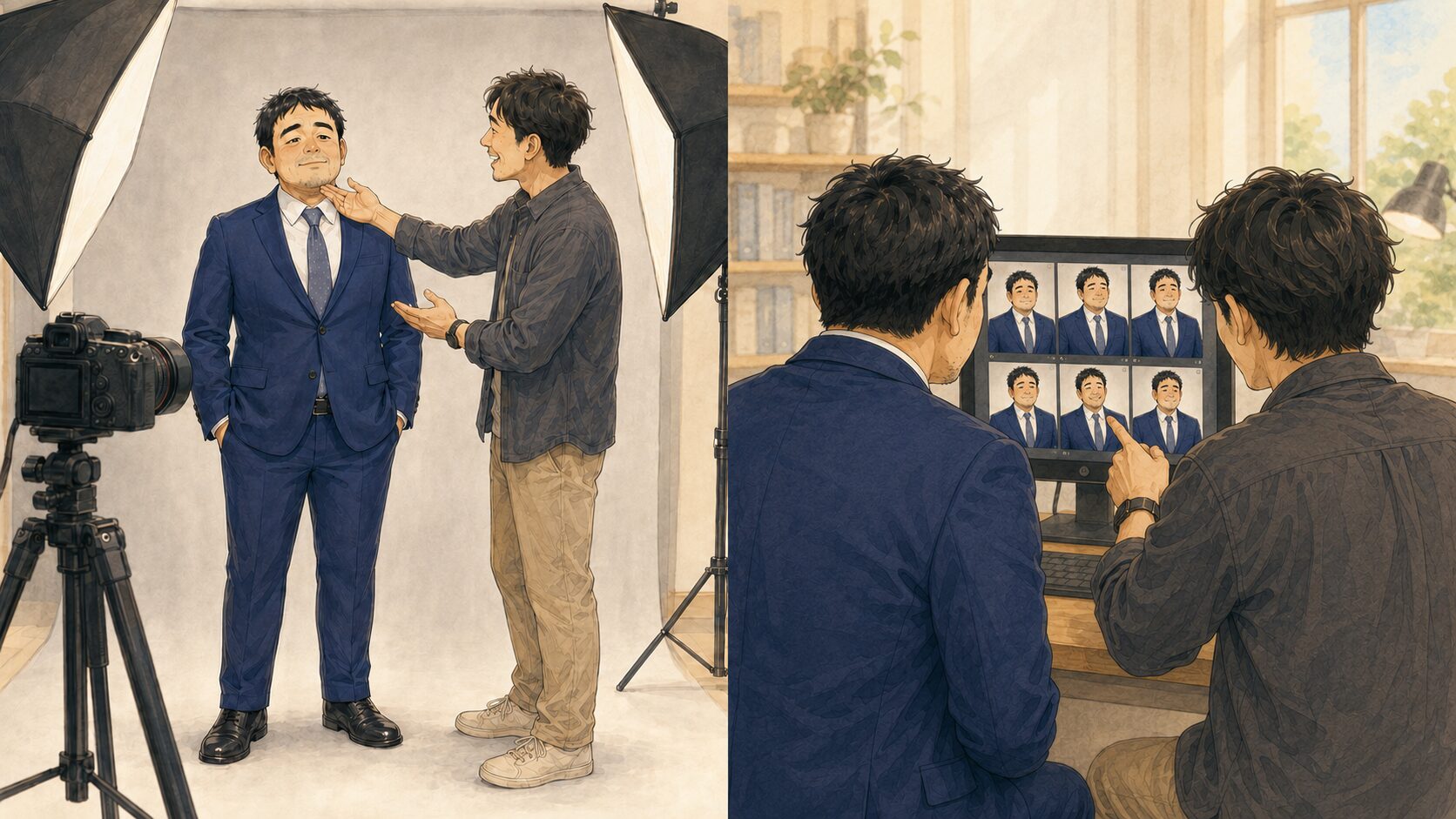 スタジオで婚活写真を撮影し、カメラマンとパソコン画面を見ながら写真を選ぶ男性のイラスト