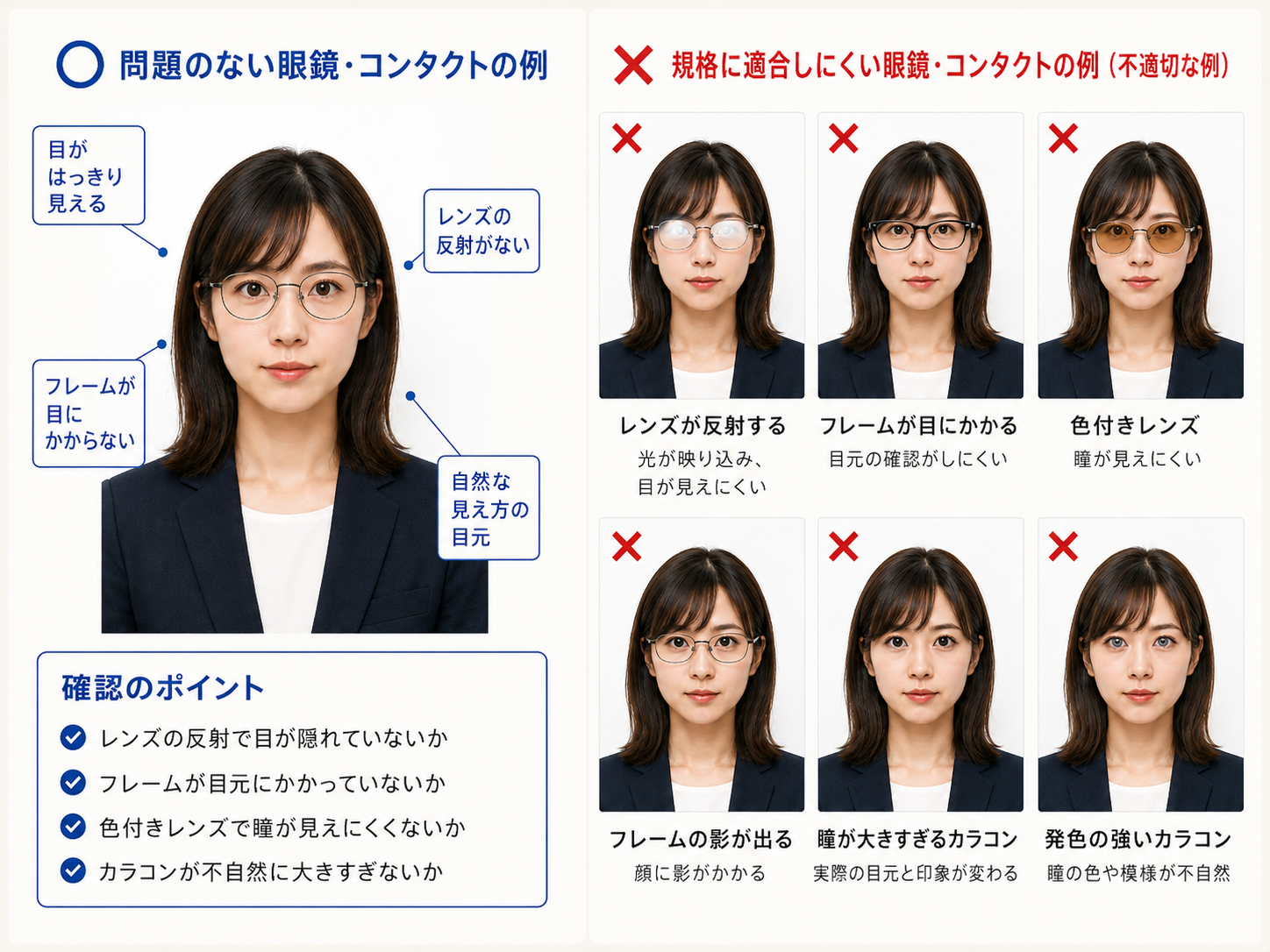 パスポート証明写真で眼鏡のOK例とNG例例