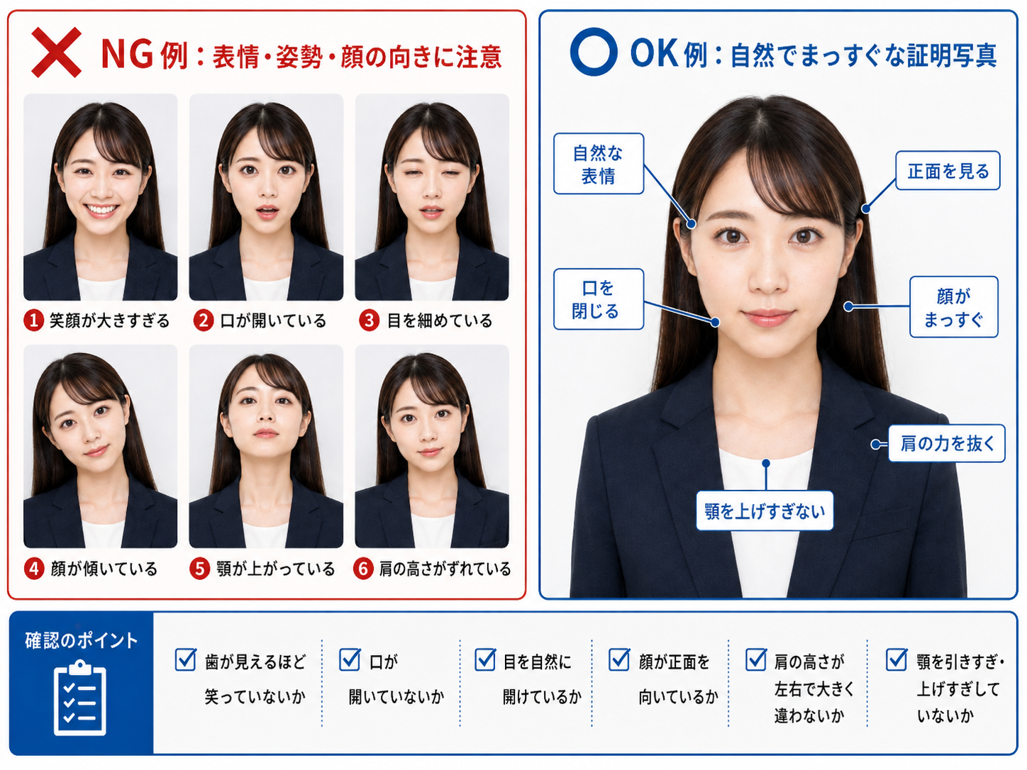 表情・姿勢・顔の向きのNG例